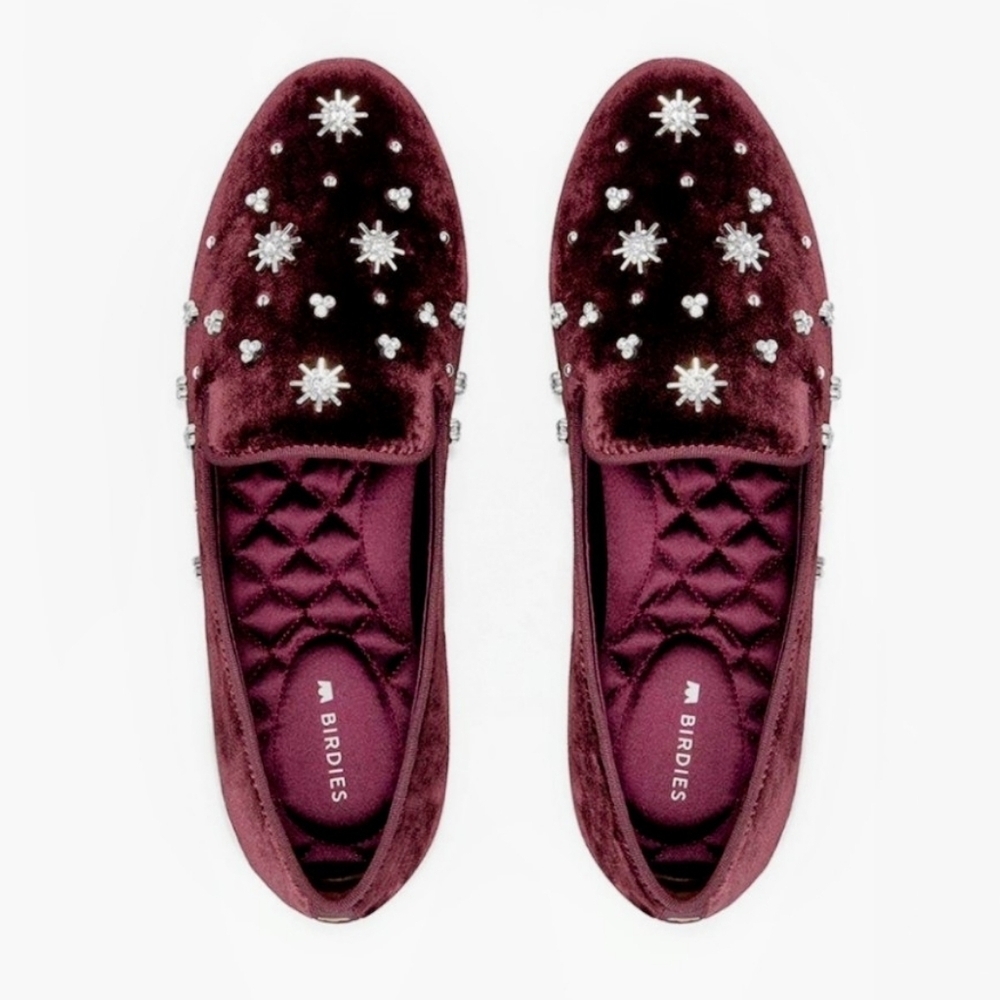 Birdies The Starling Maroon Velvet Crystal Embellished Loafer Women's 7.5